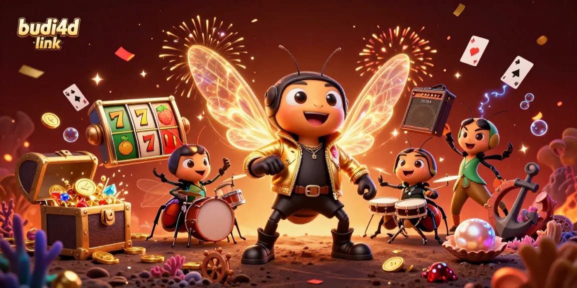 Budi4d link celebrates big wins in a vibrant, energetic scene with a rock star and slot elements.