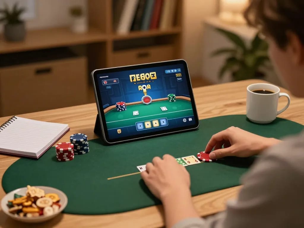 Go8 player placing strategic bets during an online poker game at home