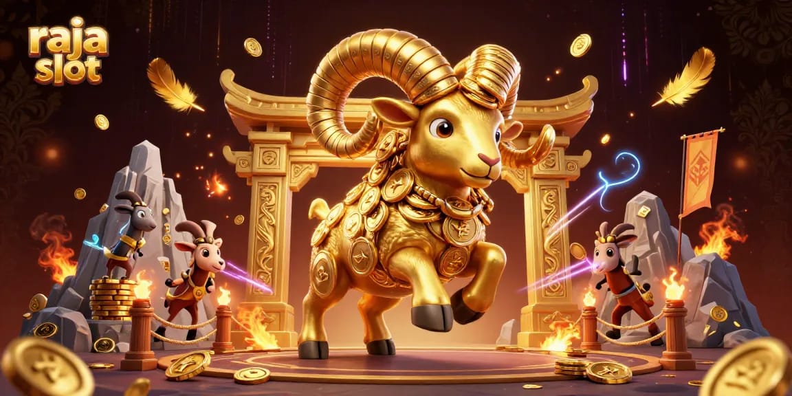 Raja slot menampilkan domba emas dengan tumpukan koin dan efek jackpot yang dramatis.