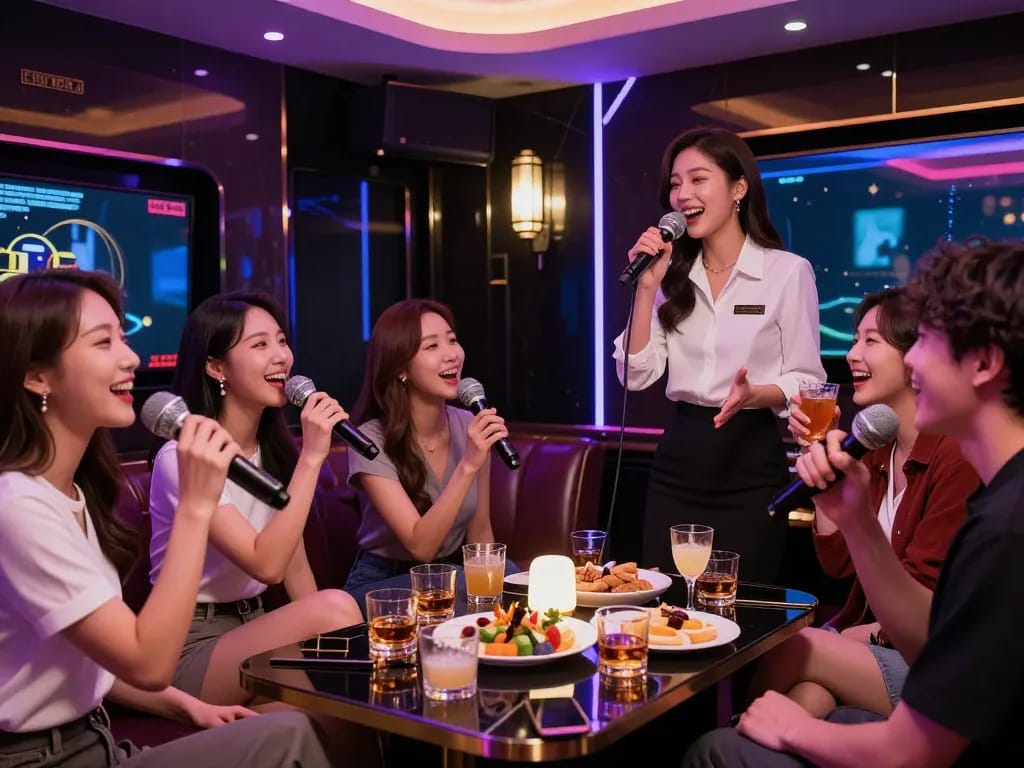 Experience the vibrant atmosphere of 강남 가라오케, where friends enjoy singing with beautiful managers in luxurious private rooms.
