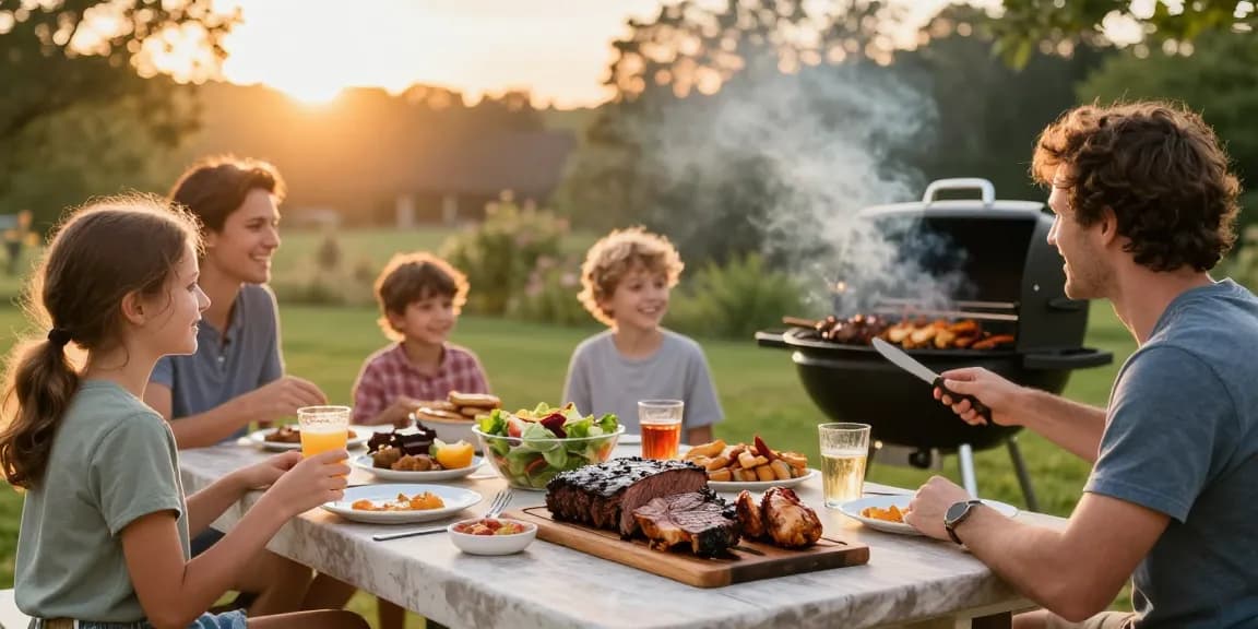 Delicious smoked meats from rokok88 grilled outdoors during a family BBQ.