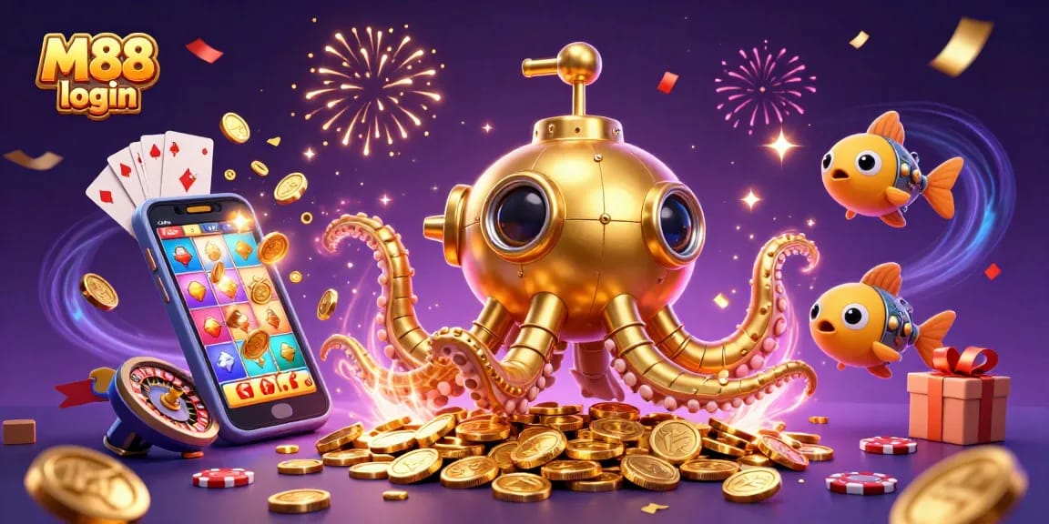M88 login: Dive into the excitement of online slots and rewards with our colorful casino illustration.