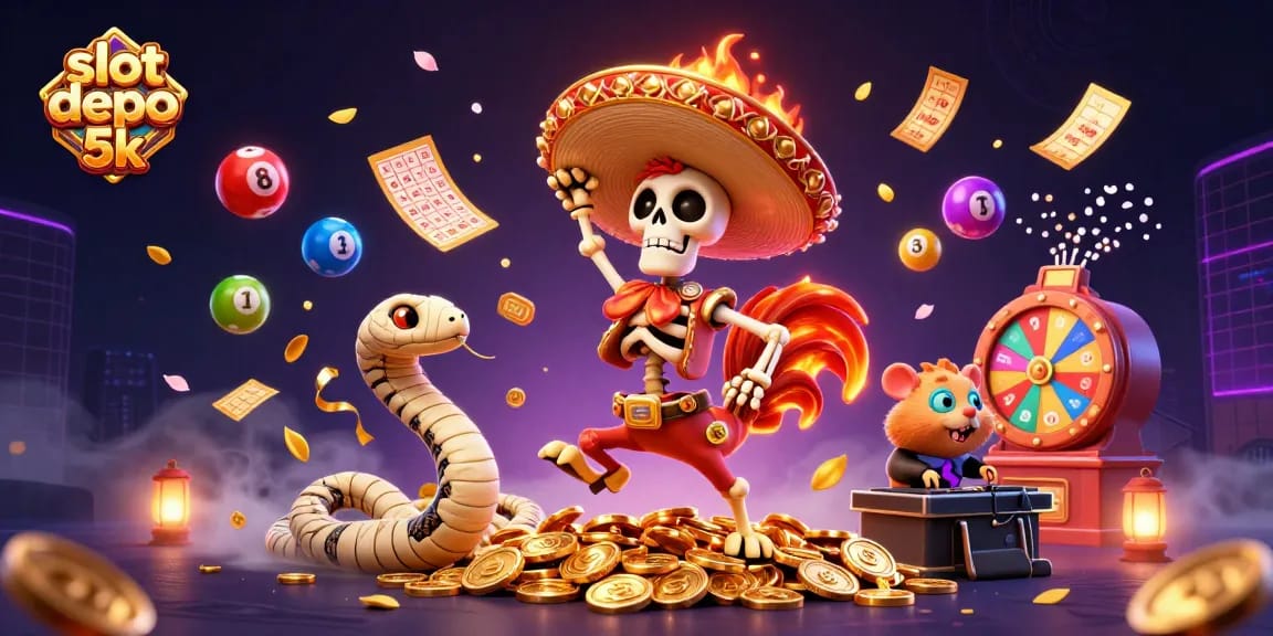 Experience excitement with slot depo 5k featuring a dancing rooster, mummy snake, and DJ hamster amidst vibrant casino elements.
