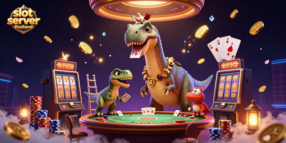 Get ready to play slot server thailand with vibrant casino elements and cartoon characters.