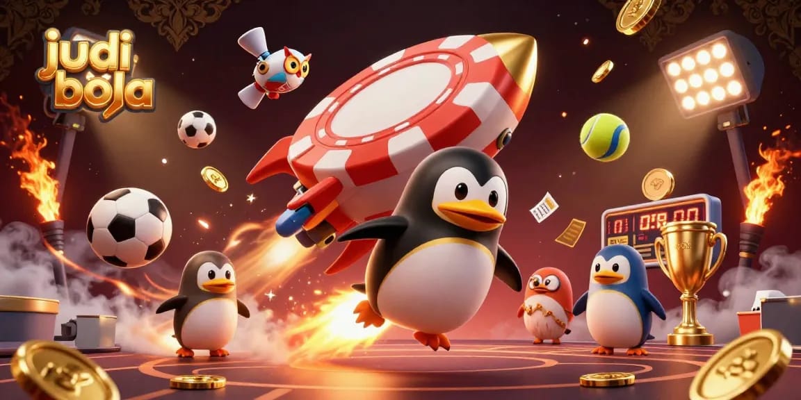 Experience judi bola thrills with a golden penguin soaring to a casino space station filled with sports excitement.