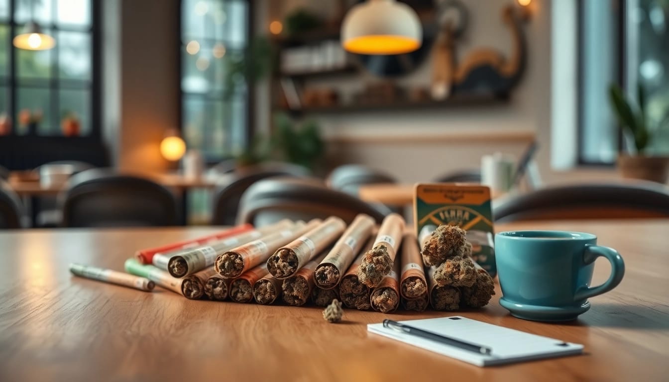 Purchase pre rolled joints online with beautifully arranged strains against a wooden setting.