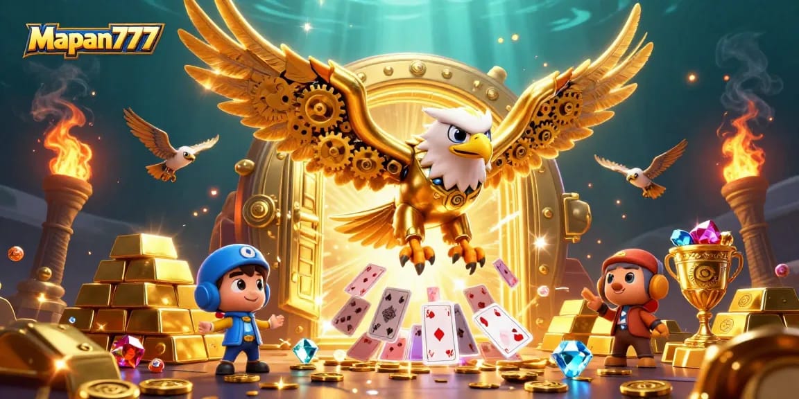 Experience thrilling action with Mapan777 as a golden eagle dives through holographic cards amidst treasures.