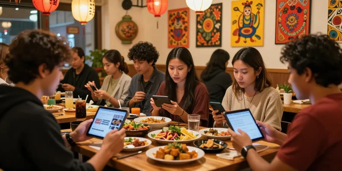 Cultural engagement at https://hanadultalk.com showcasing Asian foods and entertainment connecting with the Spanish-speaking community in a lively café atmosphere.
