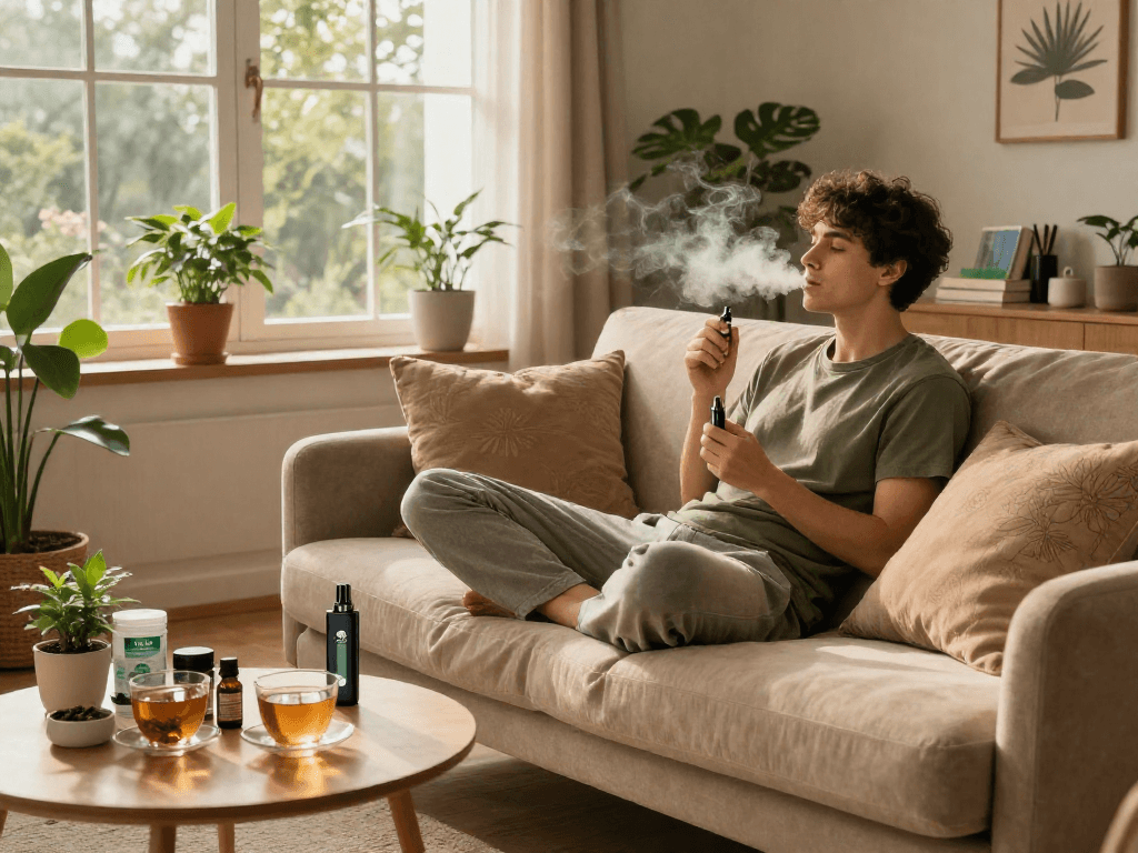 The 10/10 Boys vape in a cozy living room scene, promoting a relaxing wellness routine with natural hemp products and herbal teas.