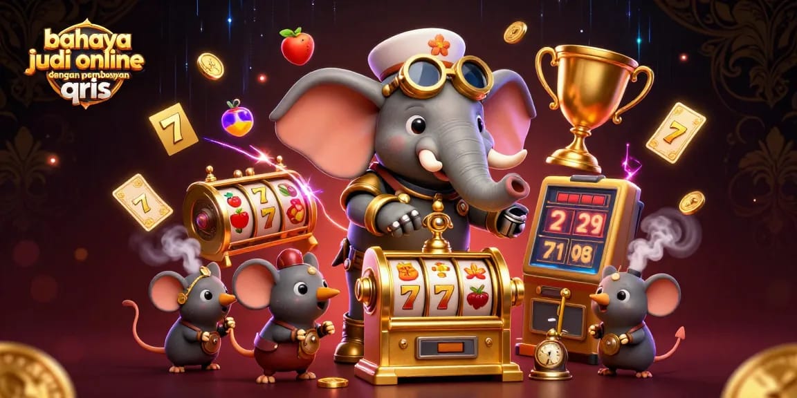 Playing the slots with bahaya judi online dengan pembayaran qris, a playful steampunk elephant amid golden coins and vibrant casino icons.