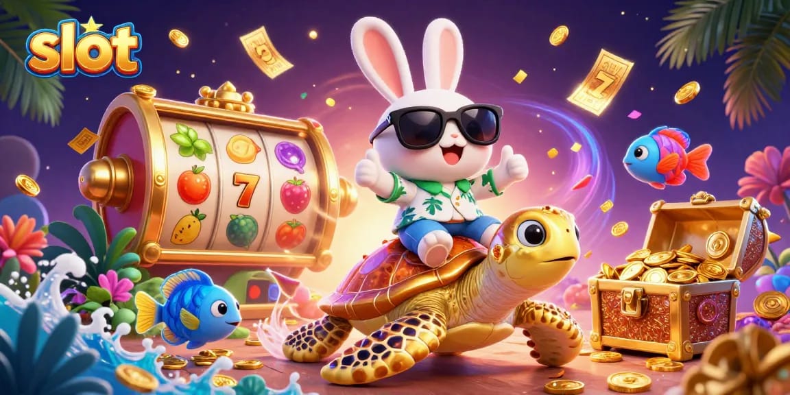 Spin the slot reels and join the lucky rabbit in a vibrant casino adventure with colorful prizes.