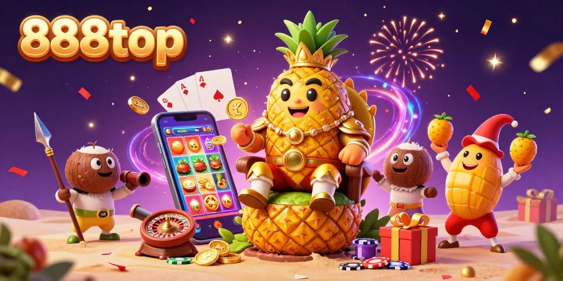 Engaging scene depicting the vibrant world of 888top casino with a cartoon pineapple king and games.