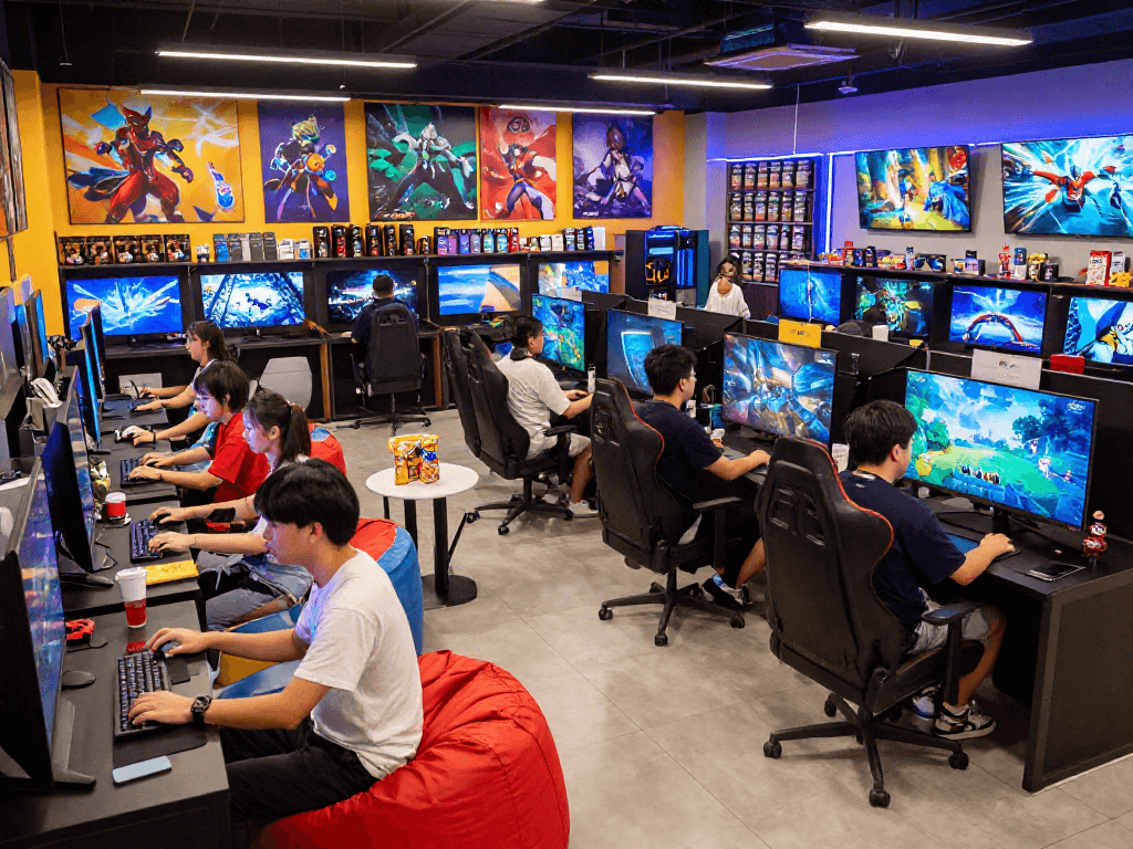 Gamers enjoying their time at the vibrant rokok88 game store, surrounded by colorful displays and merchandise.