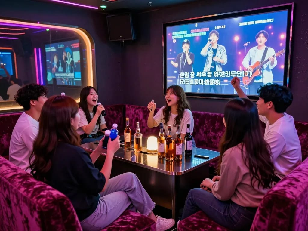 Friends celebrating nightlife in 제주유흥 karaoke room with colorful lighting and whiskey