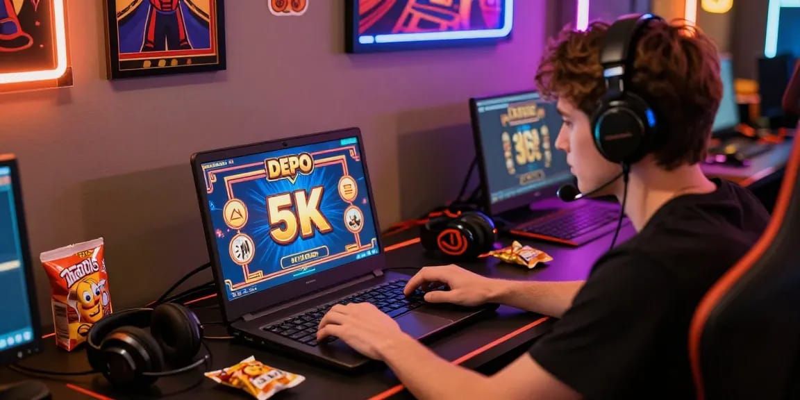 Player enjoying thrilling slot depo 5k online gaming experience with vibrant graphics and cozy atmosphere.