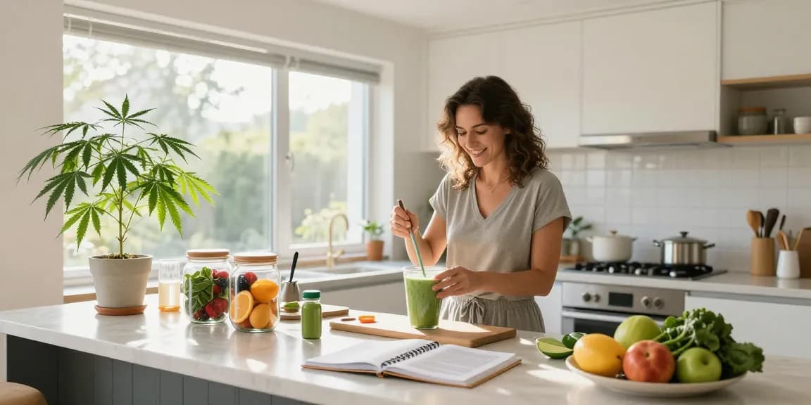 Buy edibles online and elevate your wellness with premium CBD products, including oils and edibles in a natural kitchen setting.