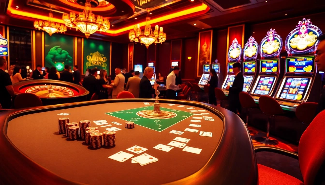 Players engaging with roulette and poker at RR88, showcasing excitement and luxury in a vibrant casino scene.