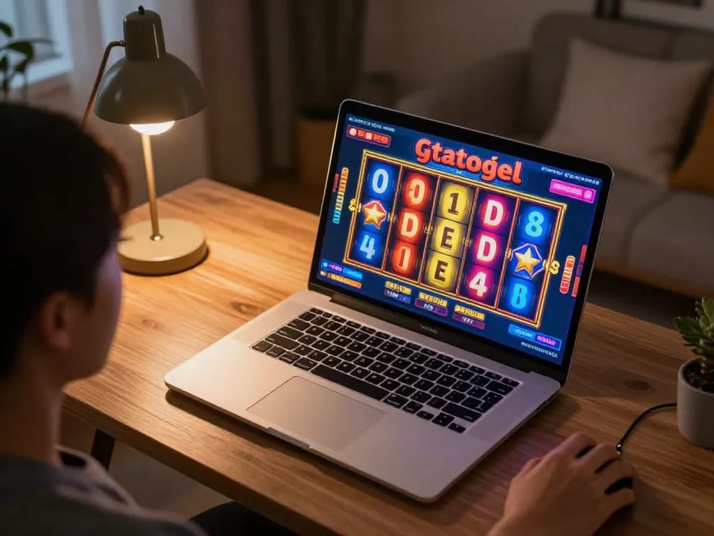Engaging in gtatogel online slot gameplay with vivid reels and a cozy home setting