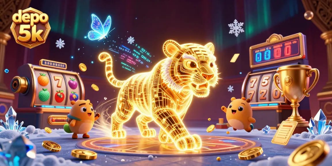 Spin the reels for big wins with depo 5k in this vibrant slot game illustration featuring golden tiger and jackpot.