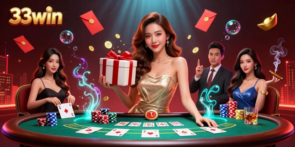 Engage with 33win as a stunning Asian woman celebrates wealth in a vibrant casino scene, surrounded by festive elements.
