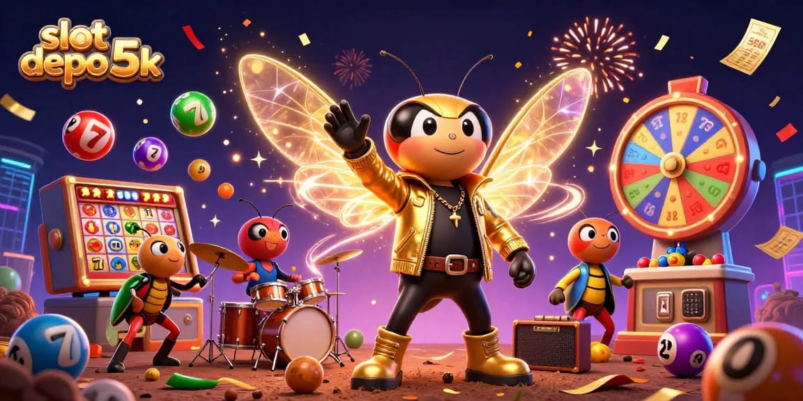 Experience slot depo 5k action with a dynamic 3D illustration of a cicada rock star and vibrant gaming elements.