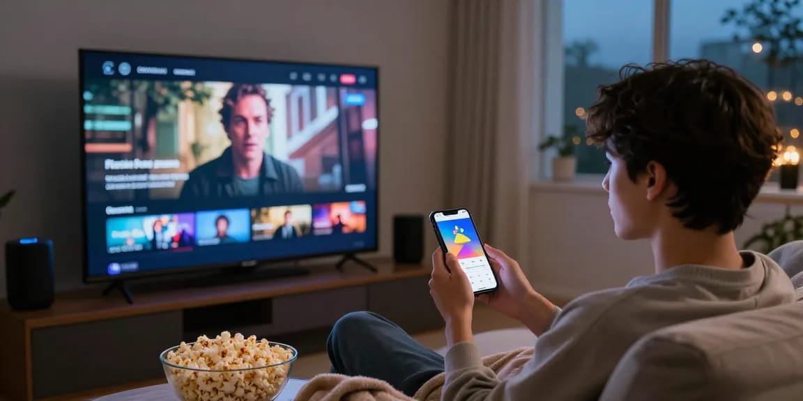Young person using Pikashow app for streaming movies on a cozy couch.