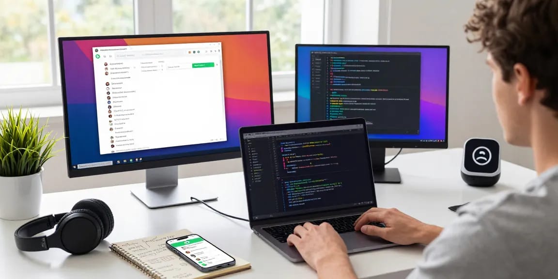 Modern tech workspace with WhatsApp電腦版 interface on computers, highlighting productivity and connectivity.