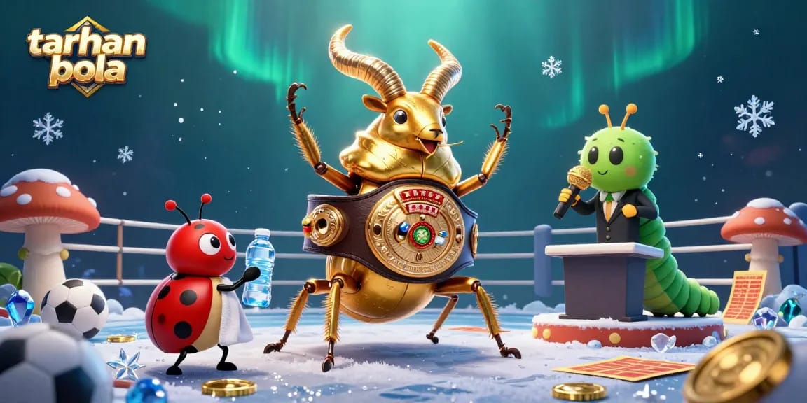 Engaging taruhan bola scene featuring a giant stag beetle and ladybug, showcased in dynamic sports betting action.