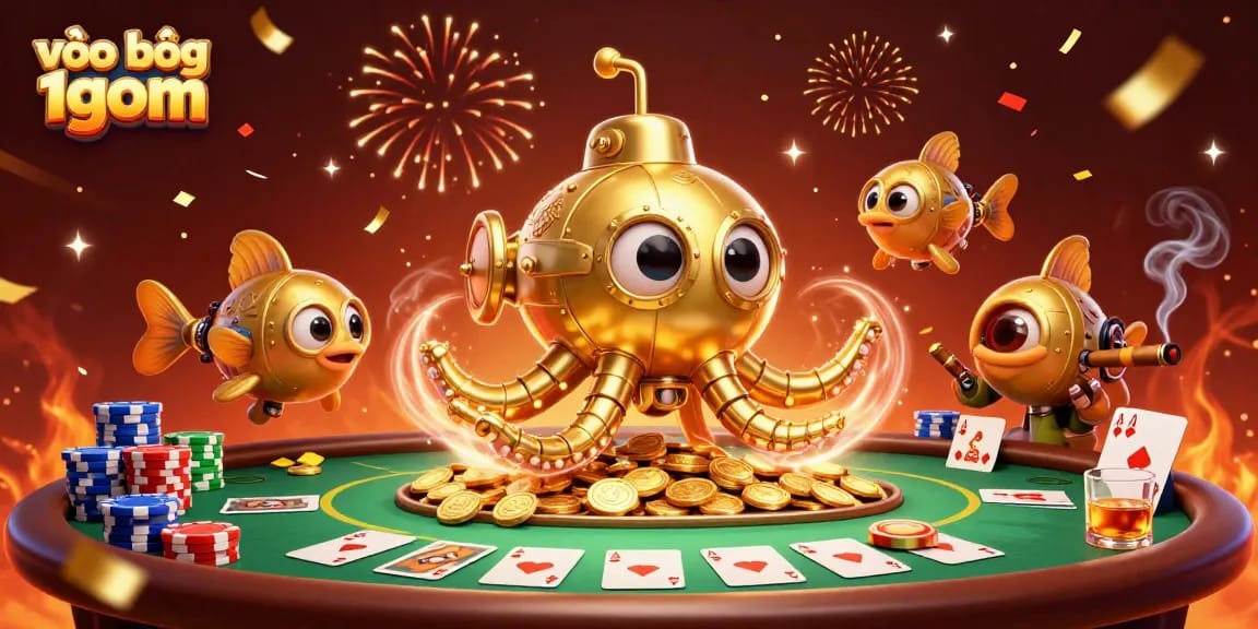 Engage in thrilling stakes with vào bóng 1gom, featuring a dynamic 3D scene of a golden kraken submarine amidst poker elements.
