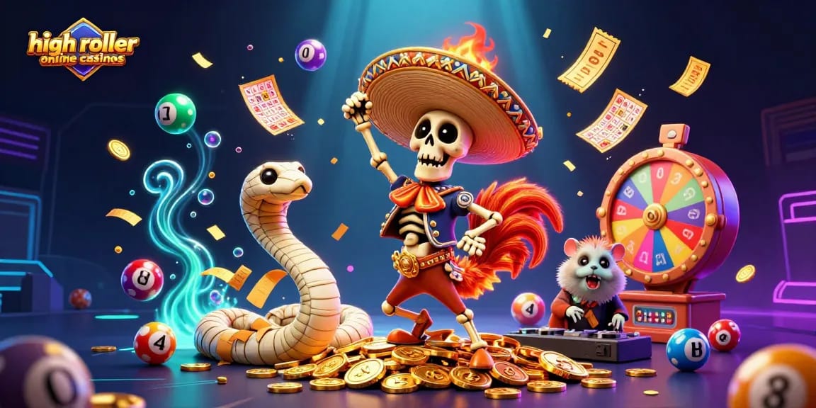 Engage in high roller online casinos with vibrant 3D scenes showcasing exhilarating games and festive characters.