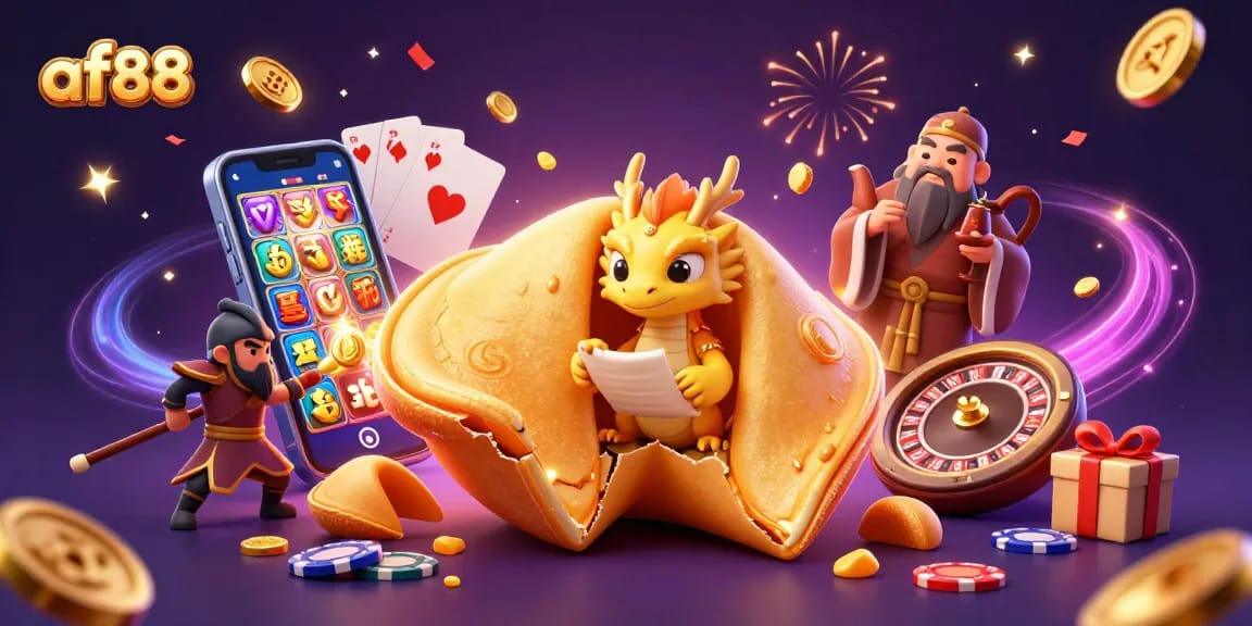 Experience the magic of af88 with golden coins and a lucky fortune cookie in this vibrant casino scene.