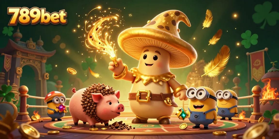 Engage with 789bet's magical 3D adventure featuring a golden wizard and treasure-detecting pig amidst casino elements.