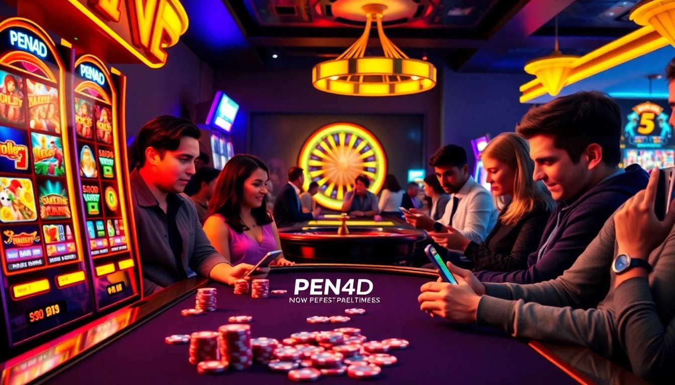 PEN4D players enjoying exciting modern slot machines in a vibrant online casino atmosphere.