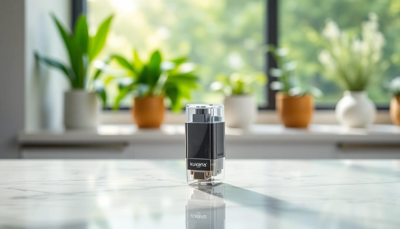 Showcasing a kurvana cartridge with elegant design against a serene natural backdrop.