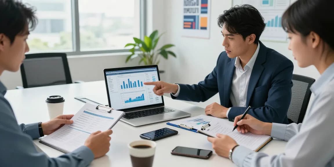 Team reviewing asset tracing software in a modern corporate setting, emphasizing collaboration and financial analysis.