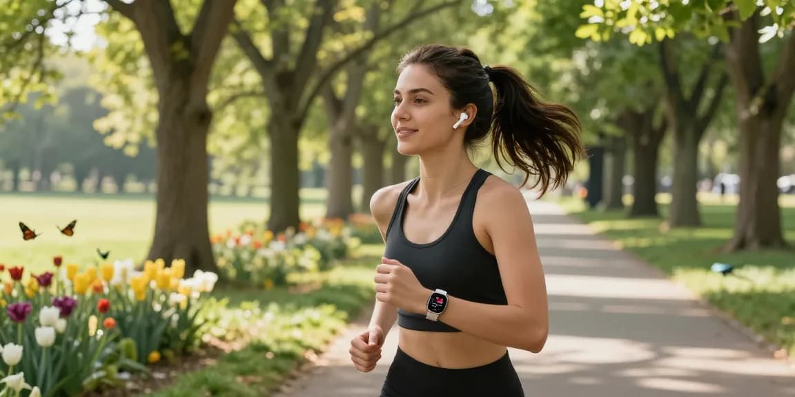 Wanita muda memakai Fitbit Luxe dari https://www.polarfitbitshop.com/fitbit-luxe/ saat jogging di taman yang indah.