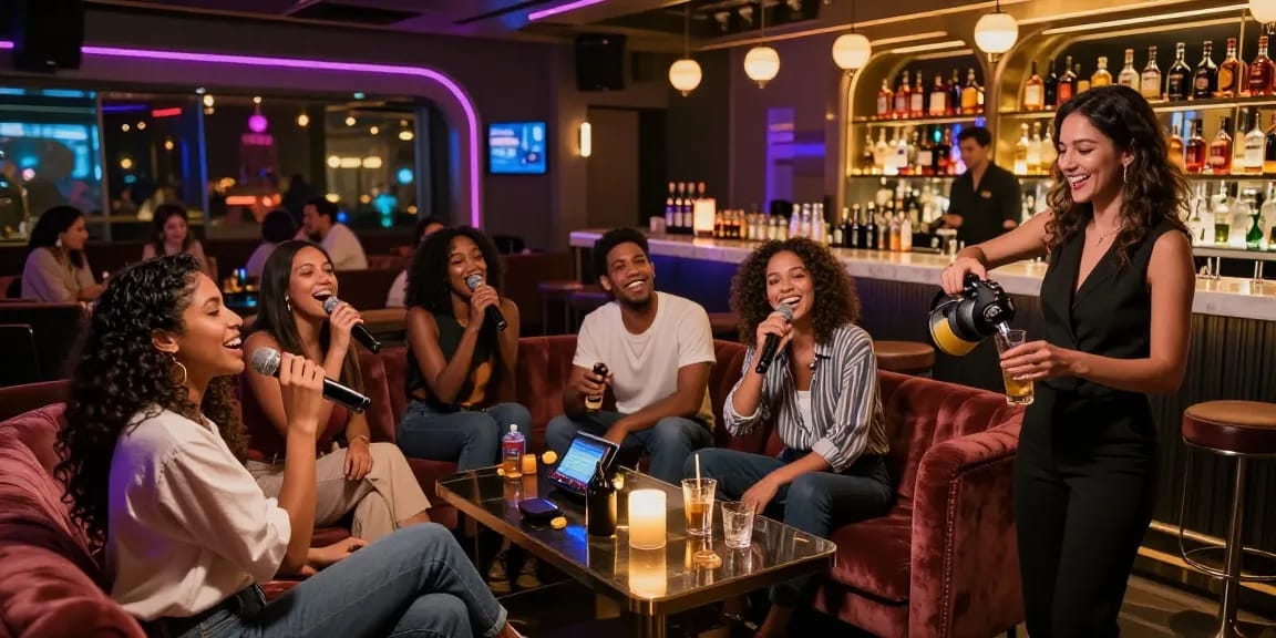 Guests enjoying a lively night at www.3no.org's karaoke lounge with drinks and singing.