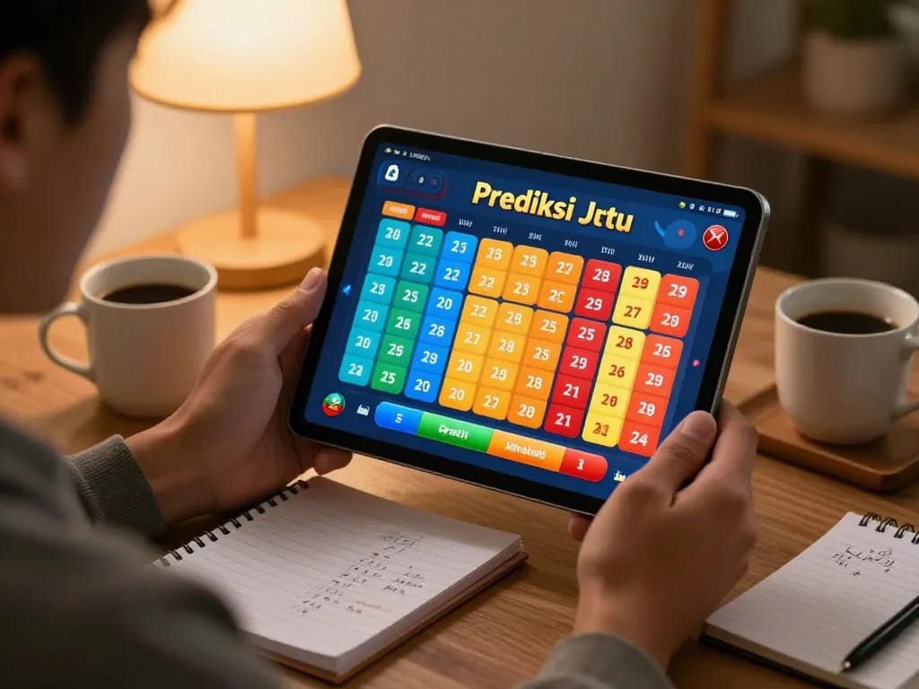 Player examining Prediksi Jitu results on tablet while enjoying cozy gaming setup at home