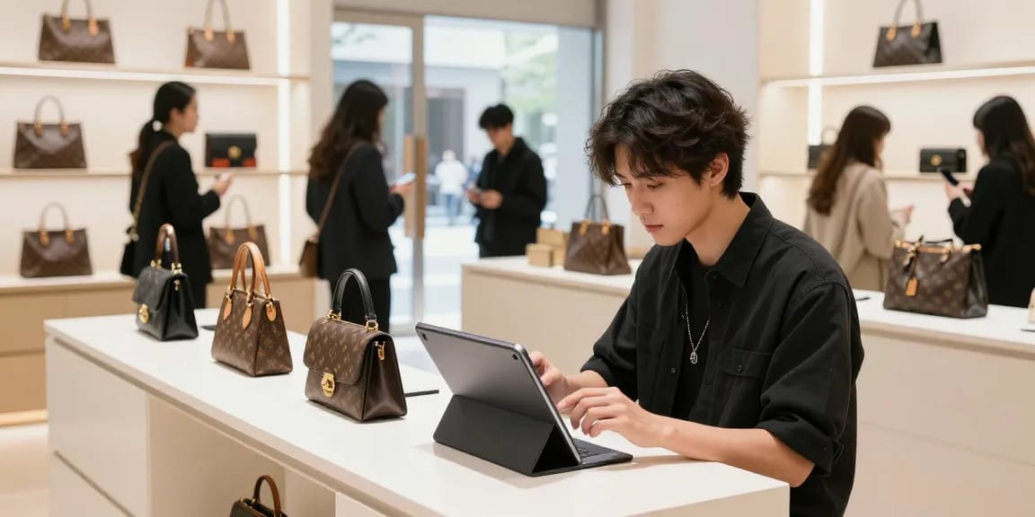Browsing high-quality 레플리카 products in a modern retail environment, stylish shopper engaged with luxury replicas.