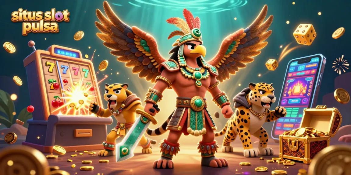 Situs slot pulsa showcases thrilling gameplay with Aztec warriors and vibrant slot elements.