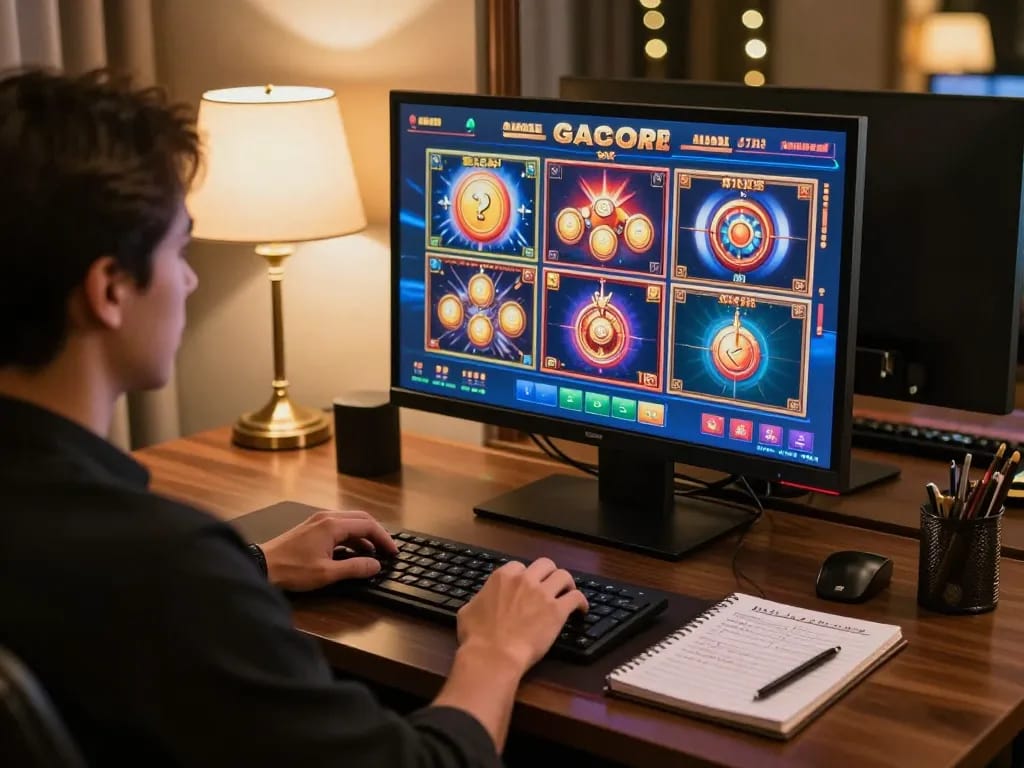 Experience link slot gacor strategies in a stylish online gaming setup with engaging games on screens.