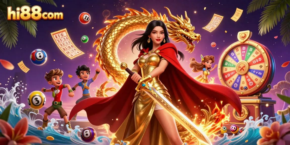 Experience the thrill of hi88com with a stunning casino-themed illustration featuring vibrant games and captivating elements.