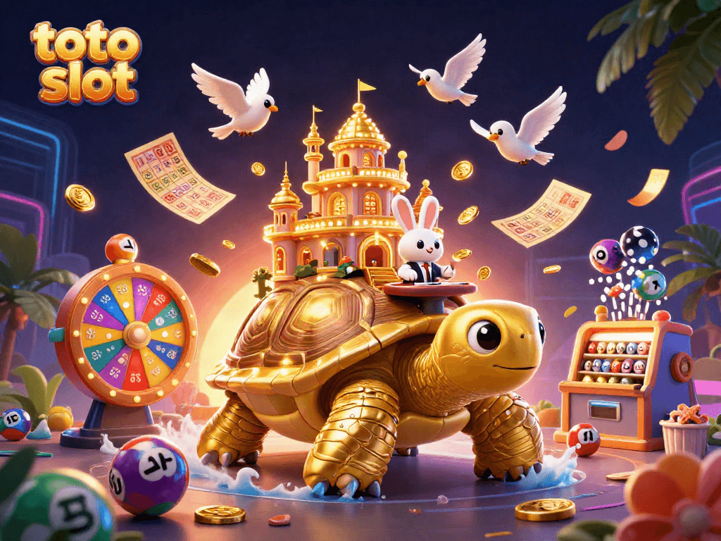 Play exciting games with toto slot, featuring a giant tortoise casino scene filled with vibrant slots and rewarding elements.