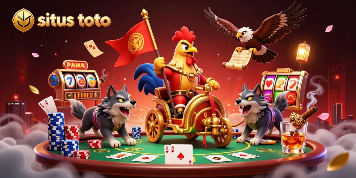 Engage with situs toto as the rooster warlord champions in a vibrant casino scene.