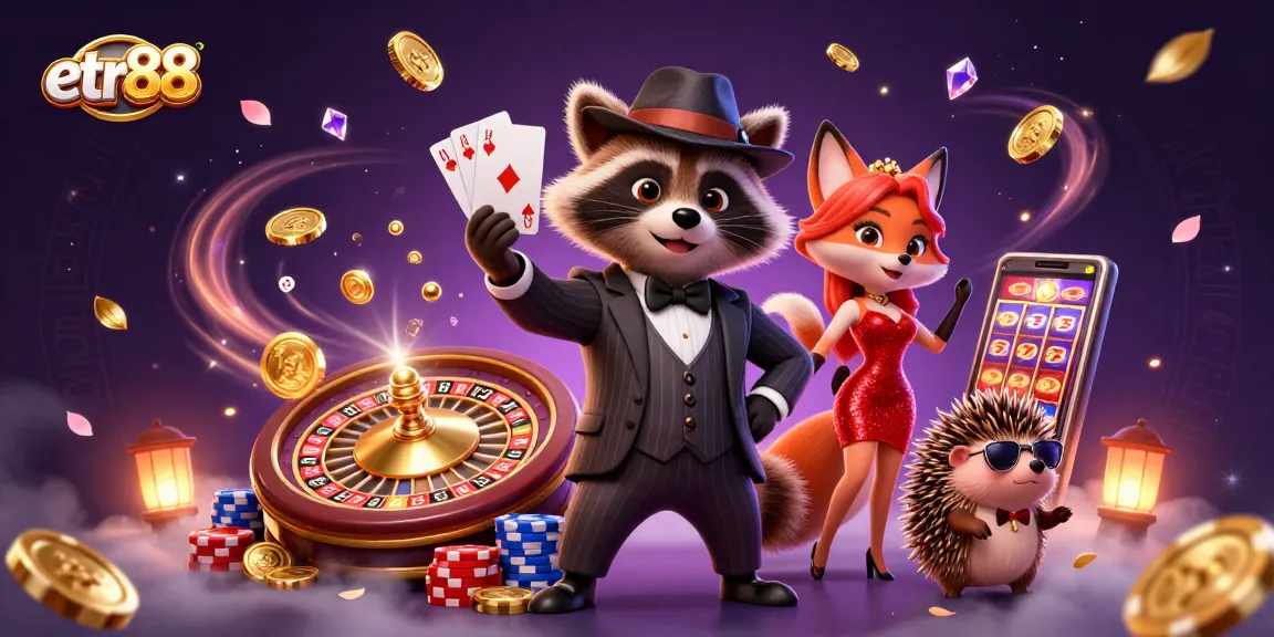 Experience fun at etr88 with a raccoon holding a royal flush in a vibrant casino scene.