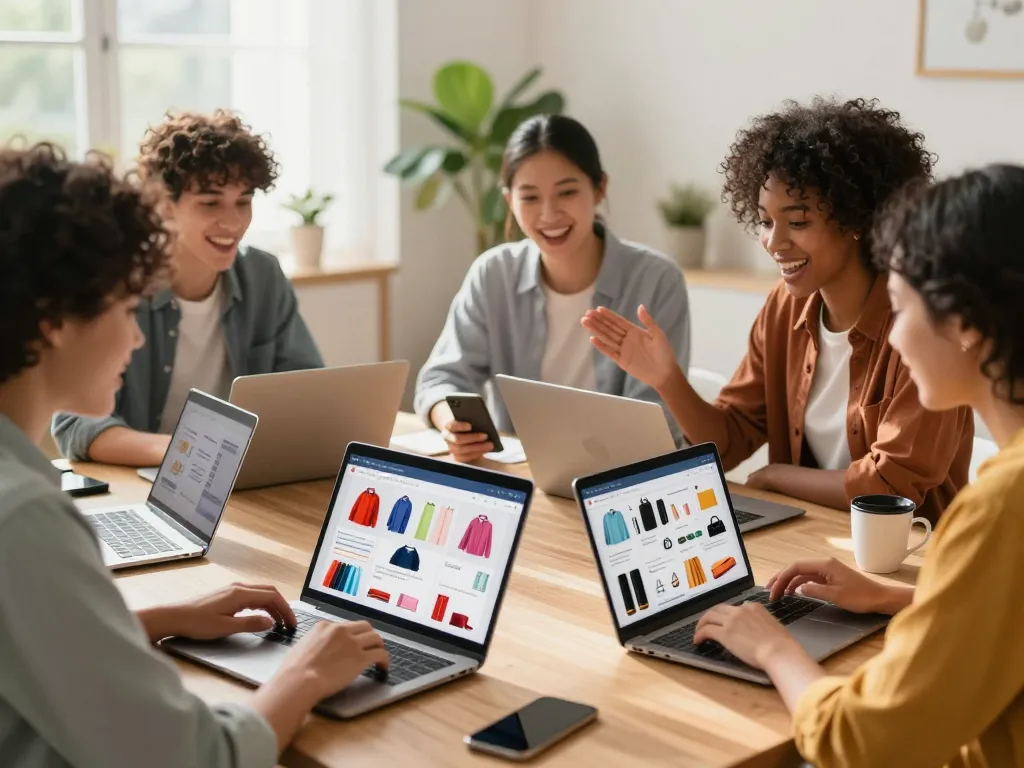 Excited shoppers exploring Hu bet products online in a vibrant e-commerce setting.