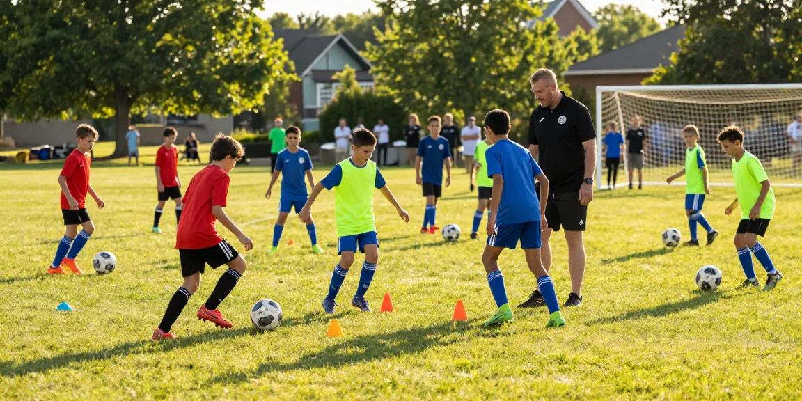 Youth soccer players training at mequonsoccerclub.com under a coach's guidance, vibrant uniforms and dynamic drills.