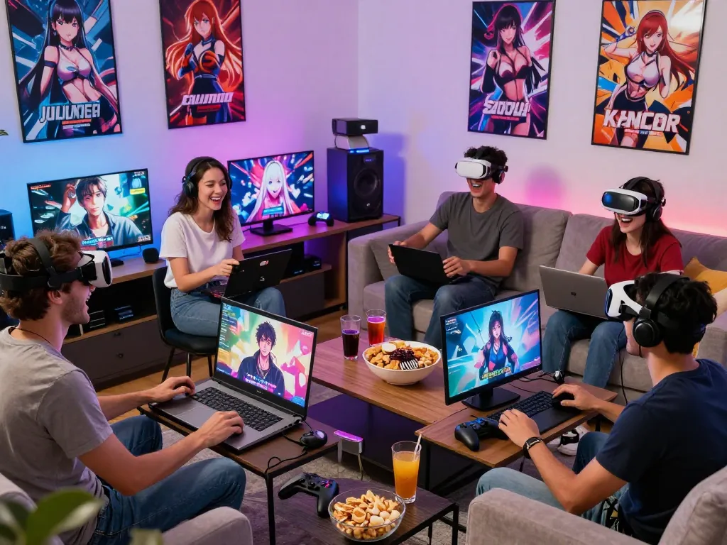 Group of friends enjoying sex games online in a cozy living room with various gaming devices and snacks.