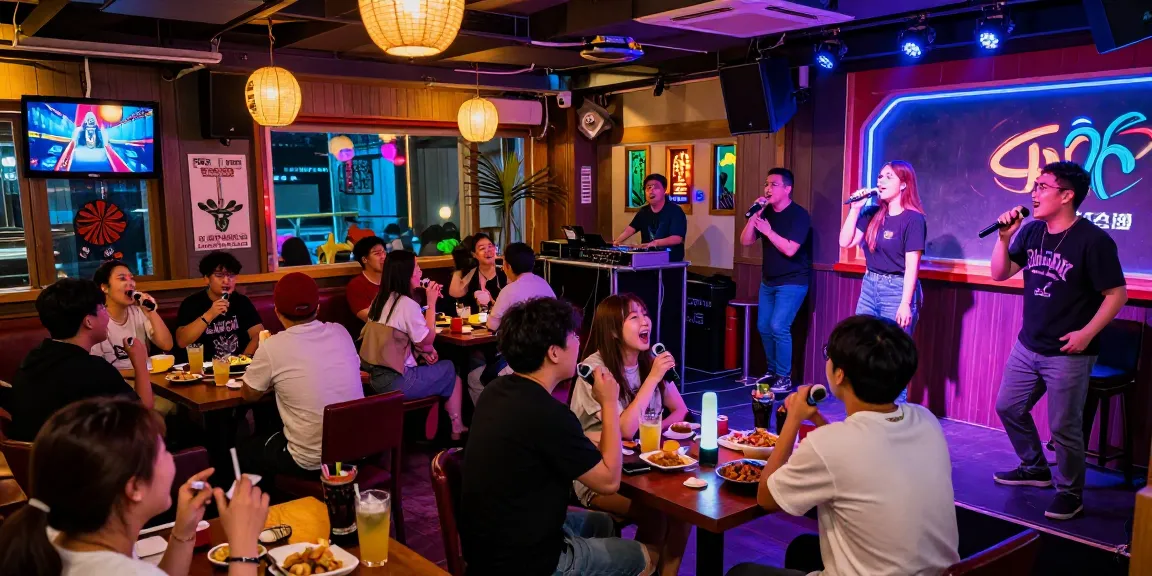 A lively Jeju karaoke bar scene showcasing 제주유흥 with guests enjoying vibrant nightlife and colorful atmosphere.