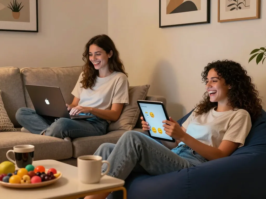 Engaging NSFW AI chat scene with young adults enjoying playful online interaction.
